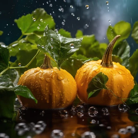two-pumpkins-with-leaves-and-water-drops-on-them-one-of-which-is-wet_927923-646