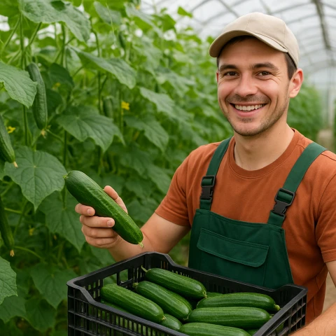 Harvesting Fresh Cucumbers in Greenhouse