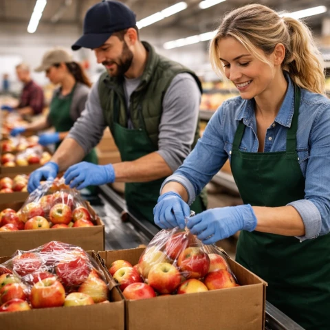 Packing apples in a bright facility
