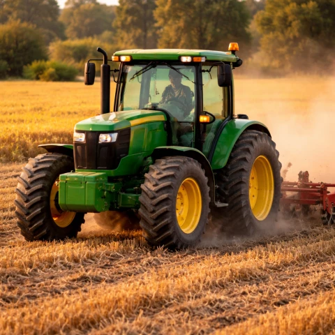 Green tractor working the golden field