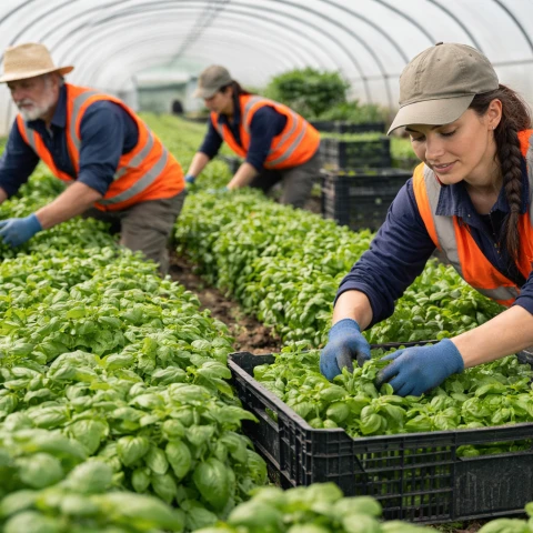Harvesting fresh basil in the greenhouse